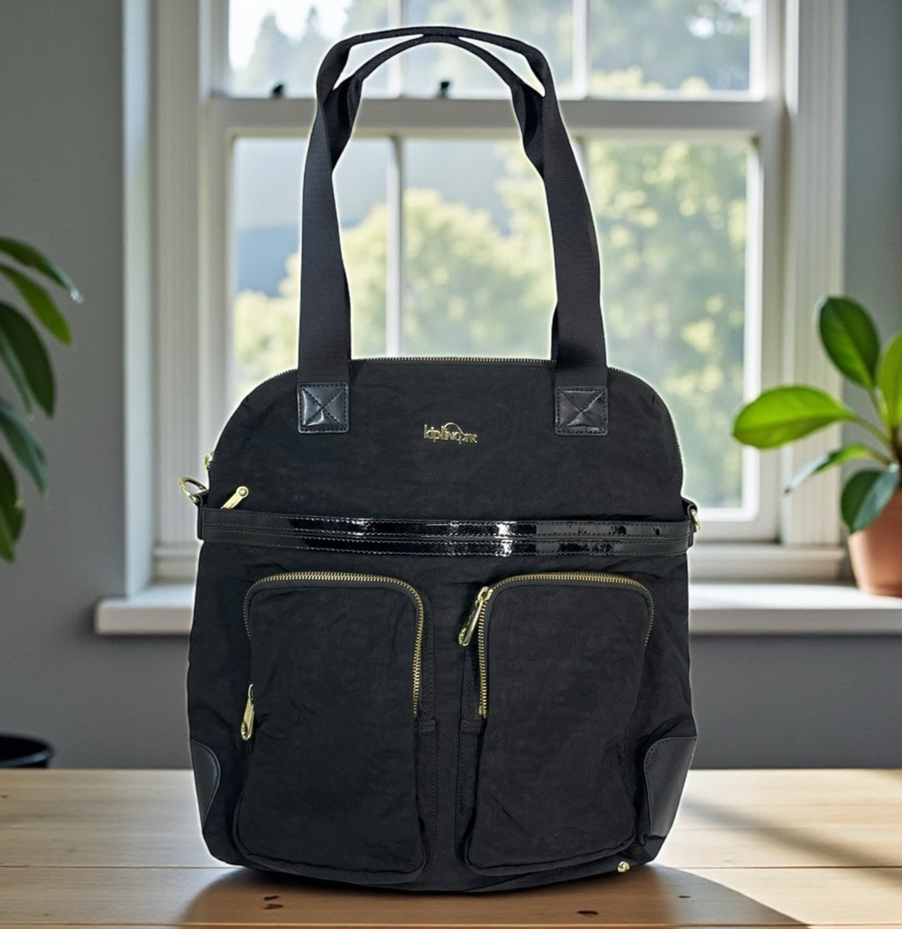 KIPLING Black Nylon Patent Trim & Gold Hardware Laptop Travel Shoulder Bag Tote